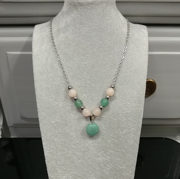 Aventurine Necklace Natural Gemstone Pendant Beads Stainless-Steel Green & Peach - Picture 8 of 17